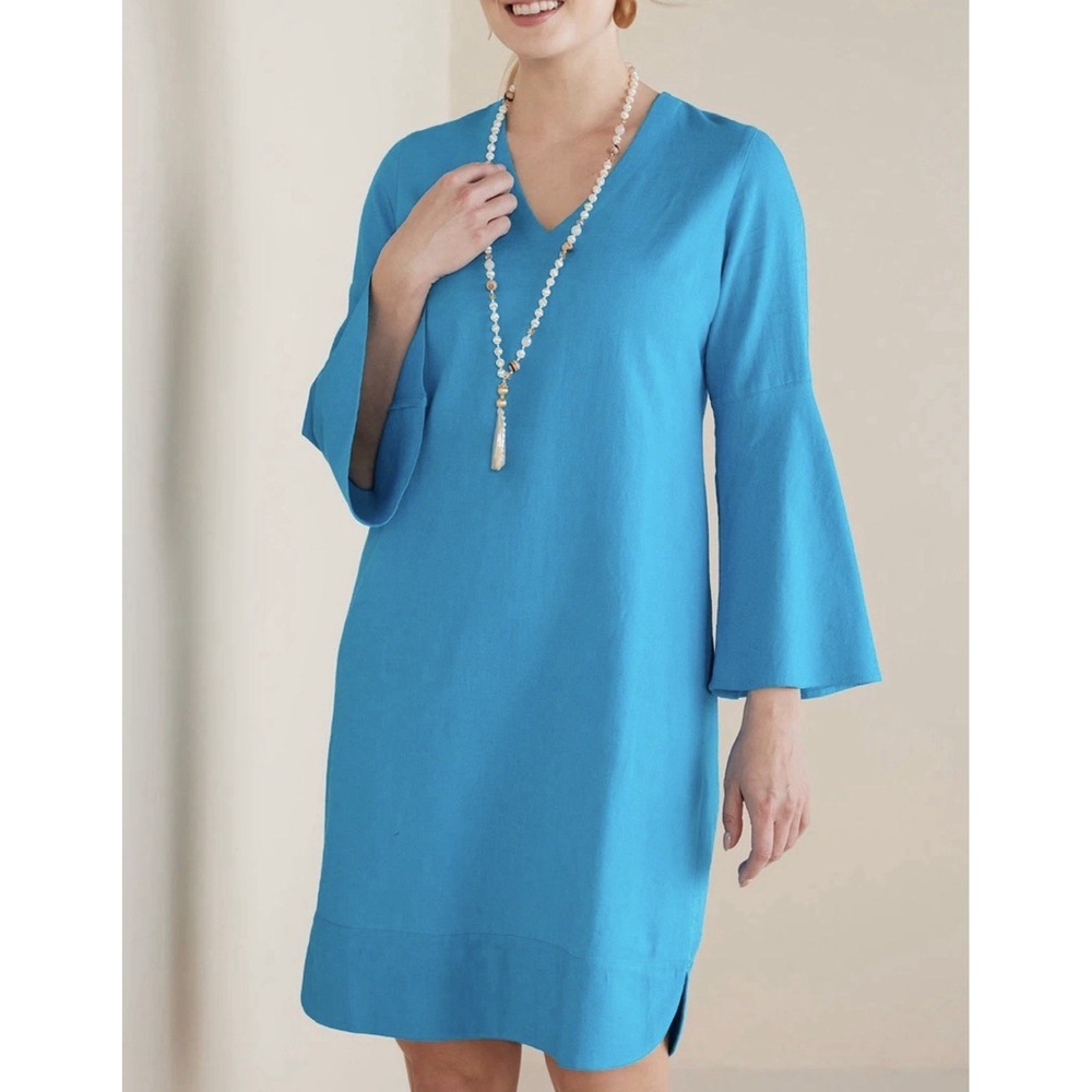 Soft Surroundings Soleil Linen Blend Dress Size 1X Blue Coastal Resort Preppy